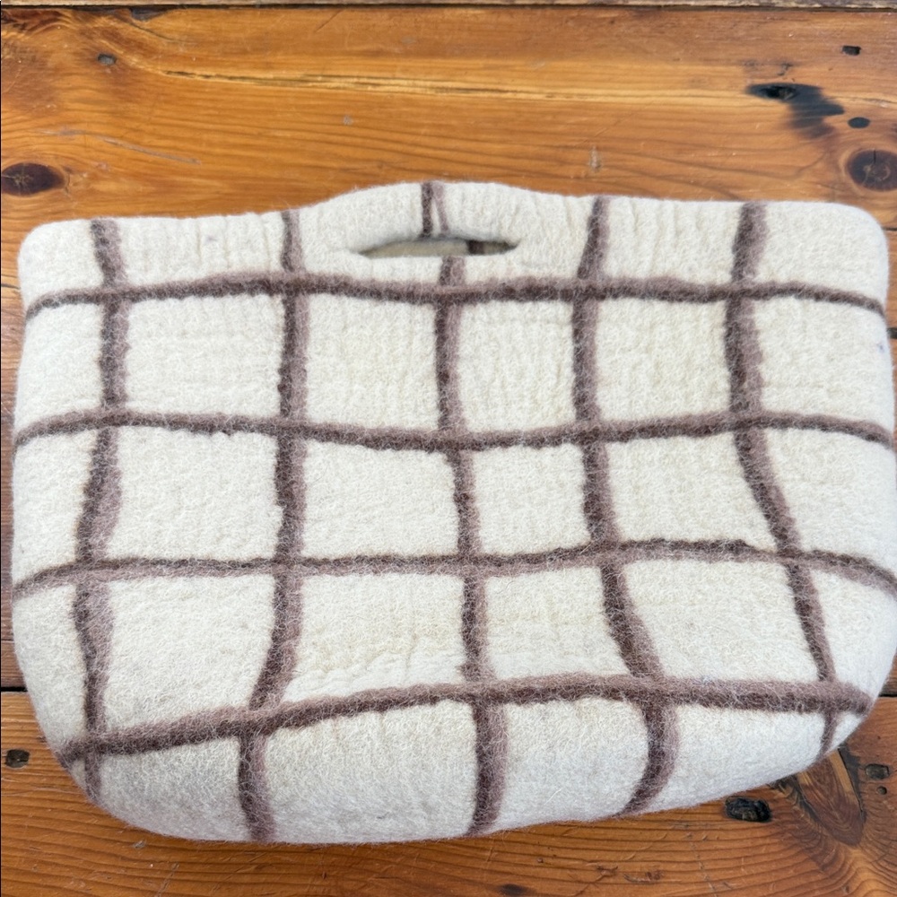 Elegant Cream and Brown Checkered Women's Wool Purse Bag Tote
